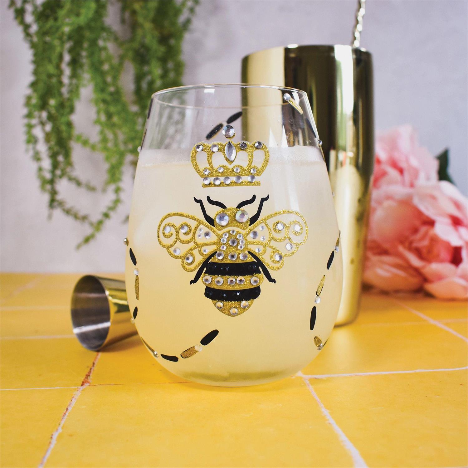 queen bee stemless wine glass black gold